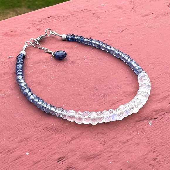 Solid 14K White Gold Natural Blue Sapphire, Moonstone Bracelet 7" - 7 2/3" - Picture 3 of 13